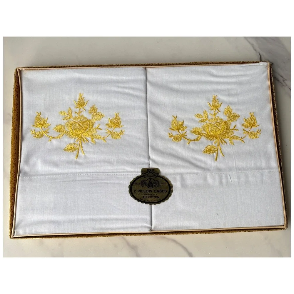 Vintage Royal Made Star-Lite Yellow Floral Embroidered Cotton Pillowcases‎ Set 2
